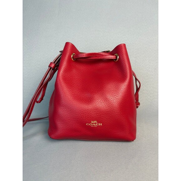Coach Purse Derby Crossbody Bag Red Pebbled Leather Drawstring Bucket Sold Out! - Picture 3 of 12